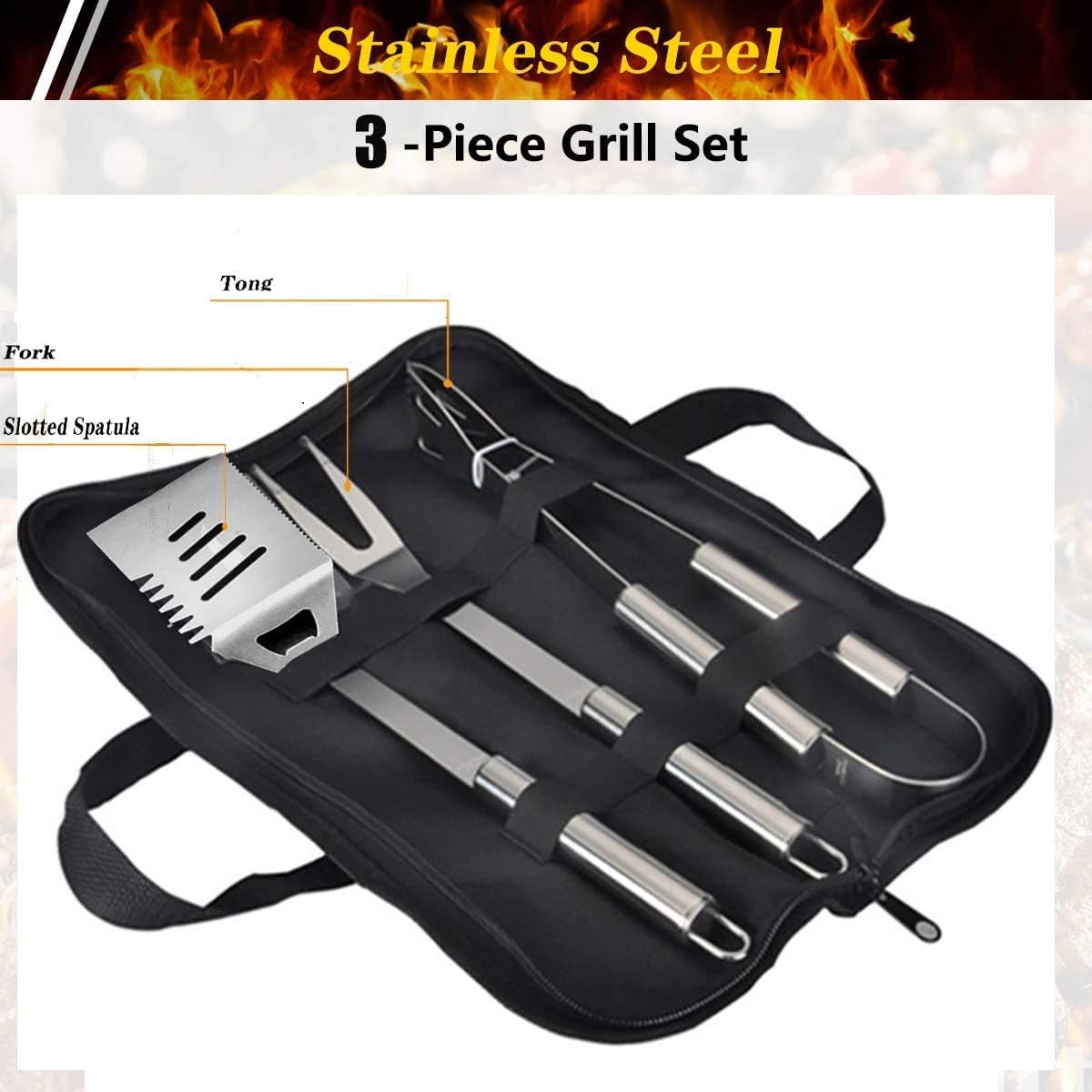3PCS Edelstahl Grillbesteck-Set, Professionelle Grill Bestecksets in Tragetasche BBQ Grillwerkzeug Grillset – Bild 3