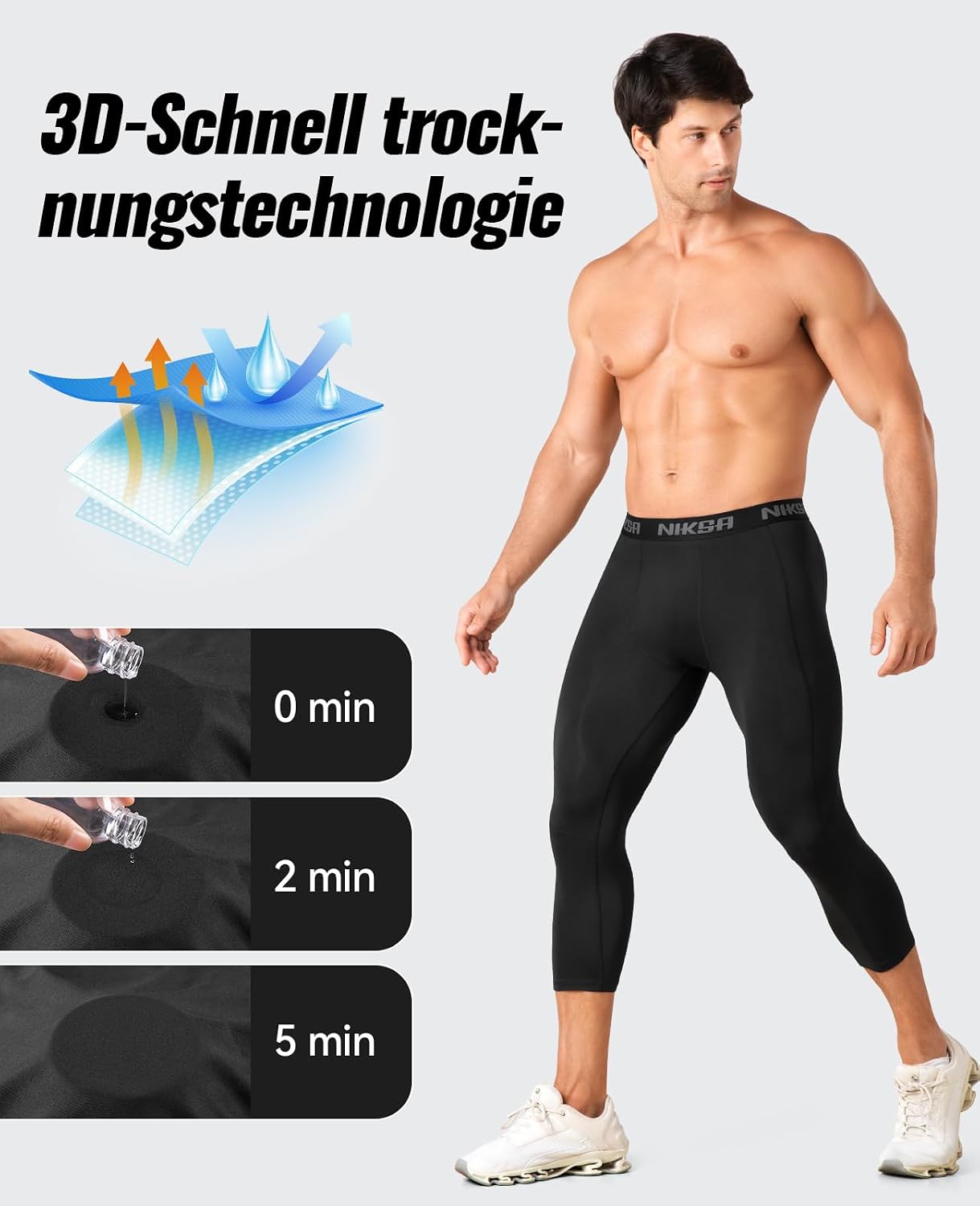 Niksa 3/4 Lang Kompressionshose Herren Laufhose Sport Leggings Schweißableitend schnelltrocknend Atmungsaktiv Funktionsunterhose für Fußball Basketball Fitness – Bild 5