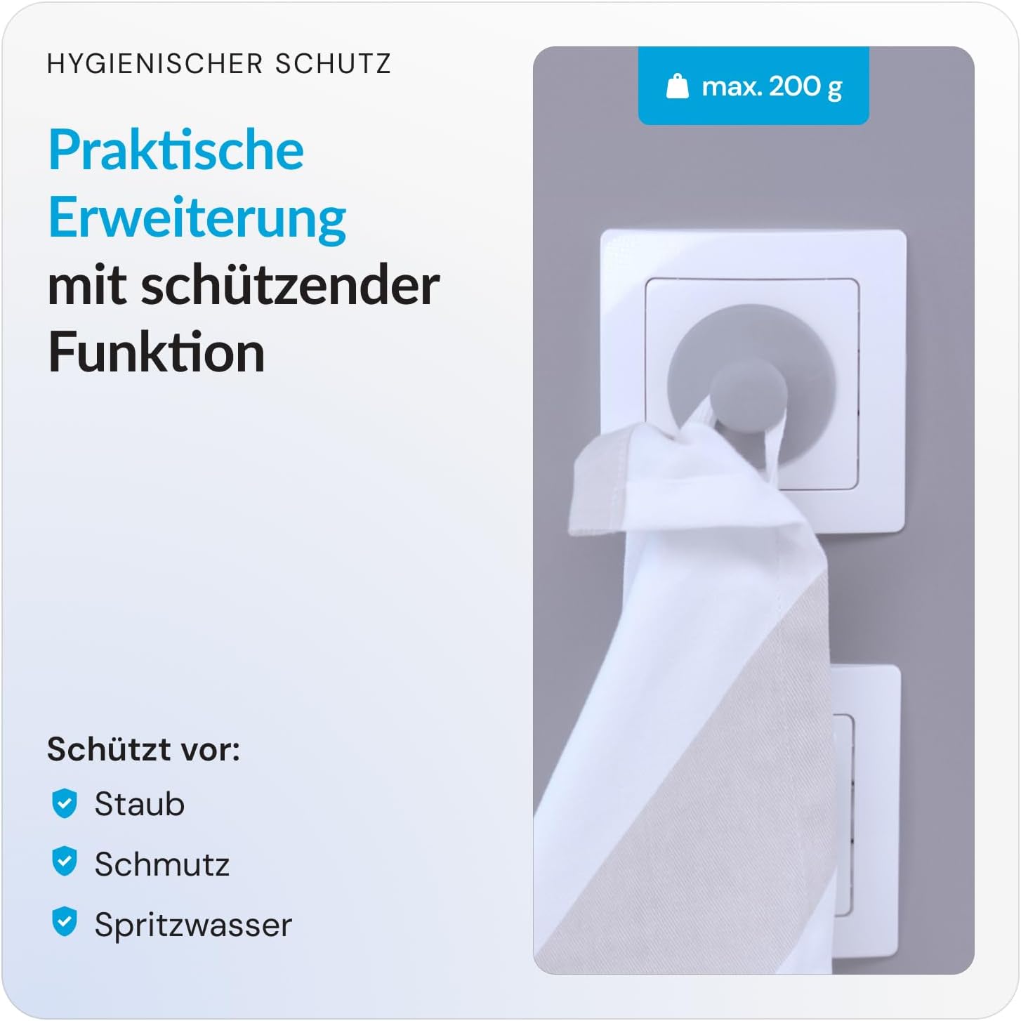 Steckdosenschutz DODO mit Haken | 5er Pack Steckdosenabdeckung blass grün | Steckdosensicherung Kinder | Handtuchhalter ohne Bohren für Schutzkontaktsteckdosen| Schuko-Steckdose Typ C,F,K – Bild 4
