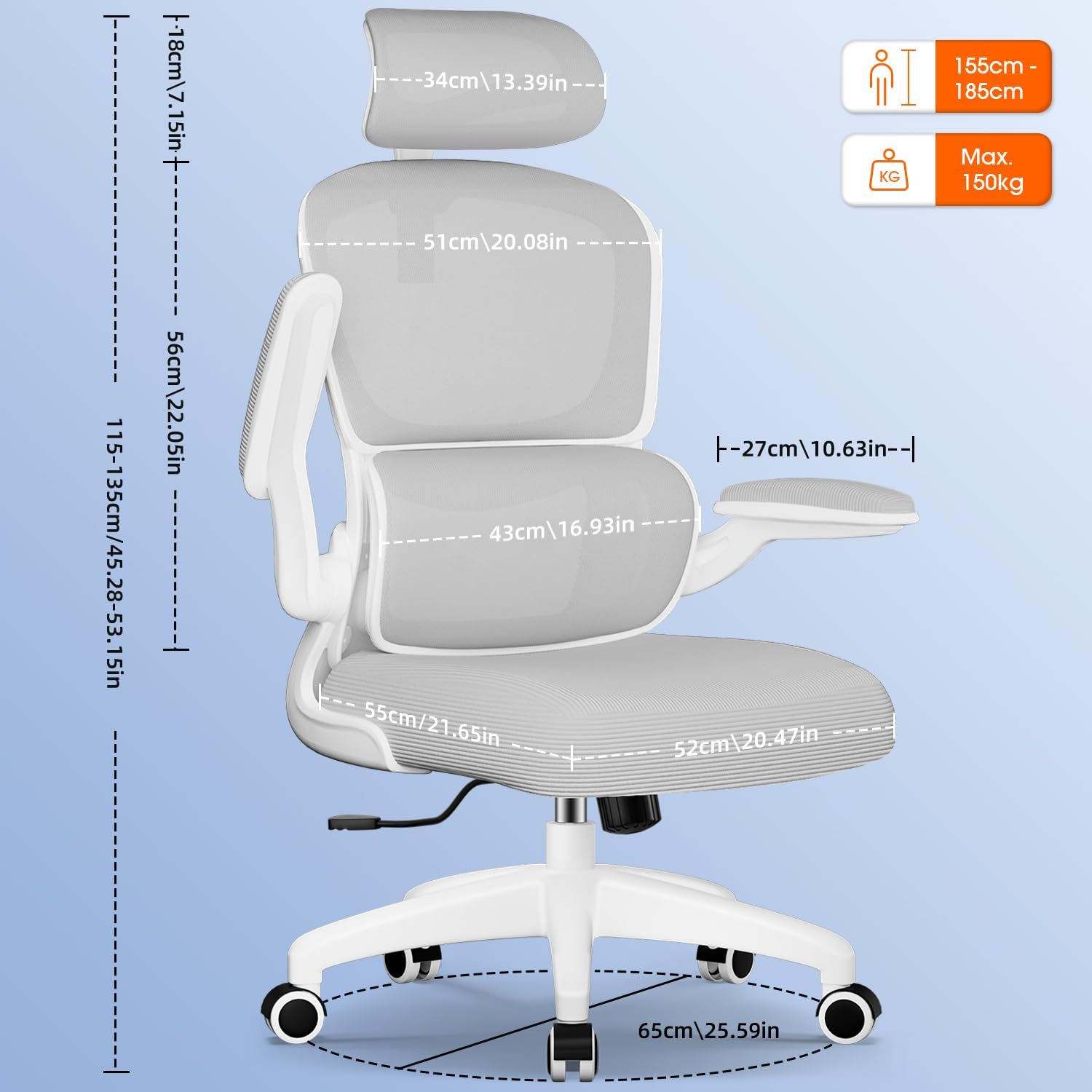 Bürostuhl, Bürostuhl Ergonomisch mit Klappbaren Armlehnen und Lendenwirbelstütze, Verstellbarer Kopfstütze, Wippfunktion bis 135°, Schreibtischstuhls 150 kg, Geeignet für Homeoffice und Gaming, Grau – Bild 2