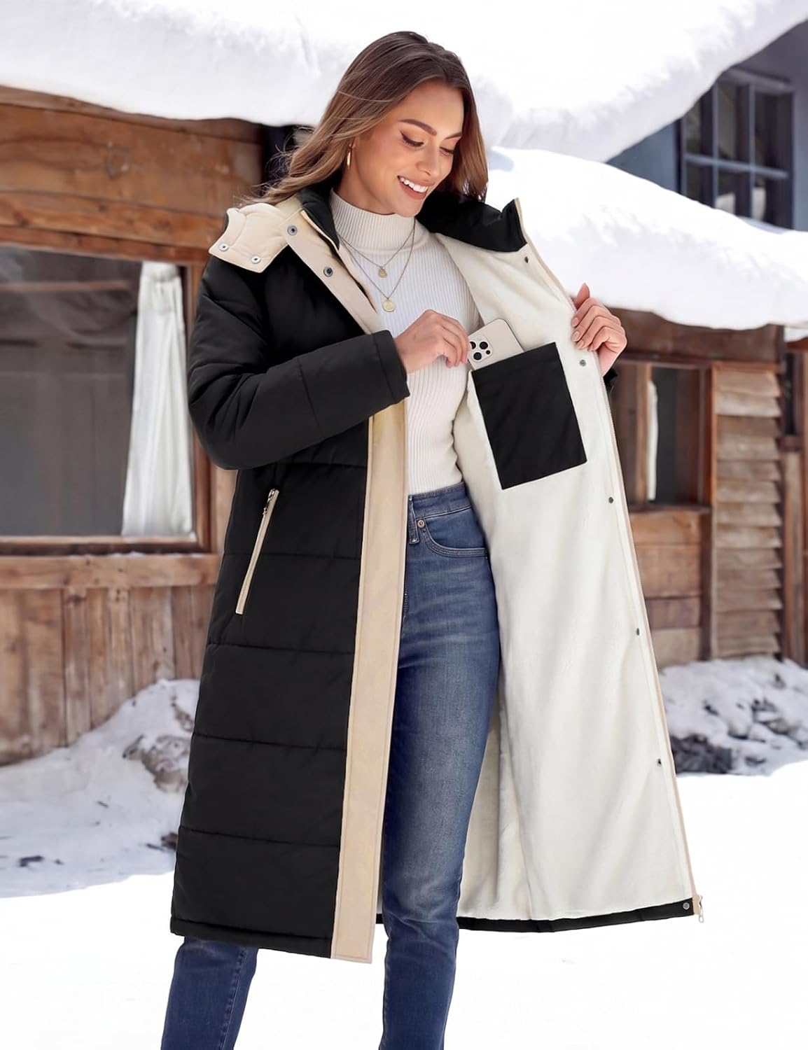 Vancavoo Wintermantel Damen Lang Winterjacke Warm Gefüttert Winterparka – Bild 7