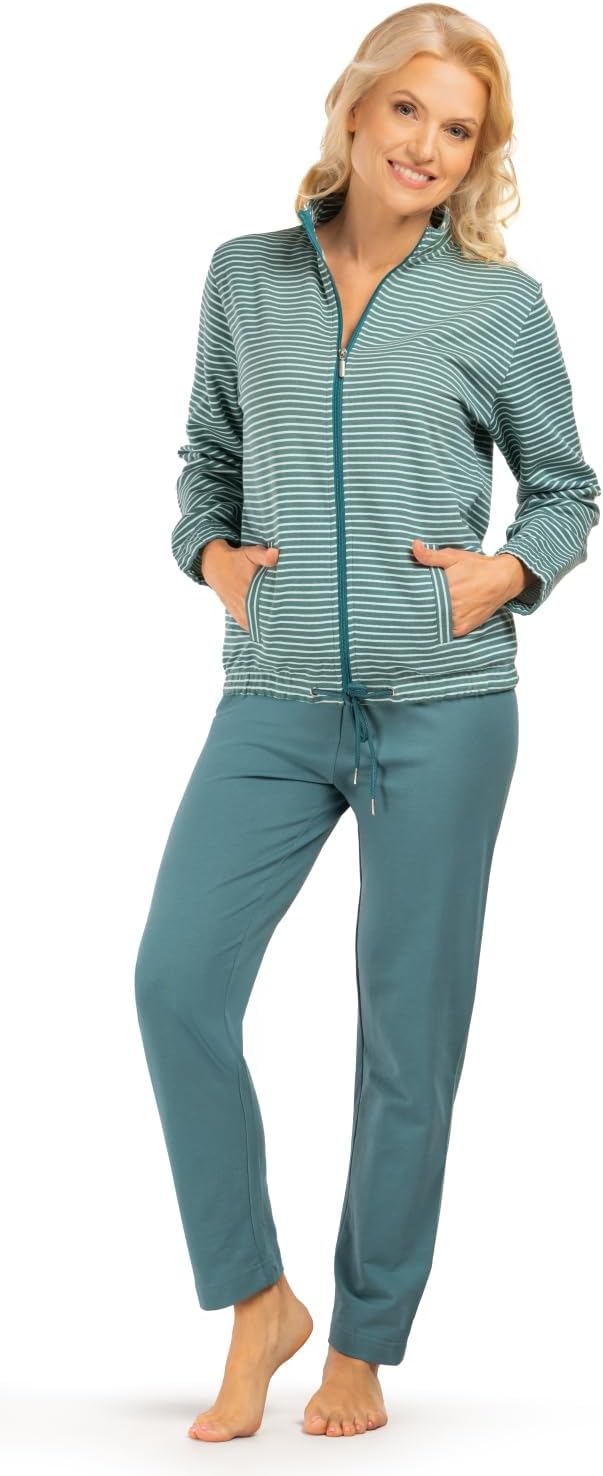 Consult-Tex Damen Langarm Hausanzug aus 100% Baumwolle-Fleece Qualität. Oberteil mit Reißverschlus und abgesteppten Bündchen. Hose mit dehnbarem Bund und Kordelzug. Attraktives Ringel-Dessin – Bild 4