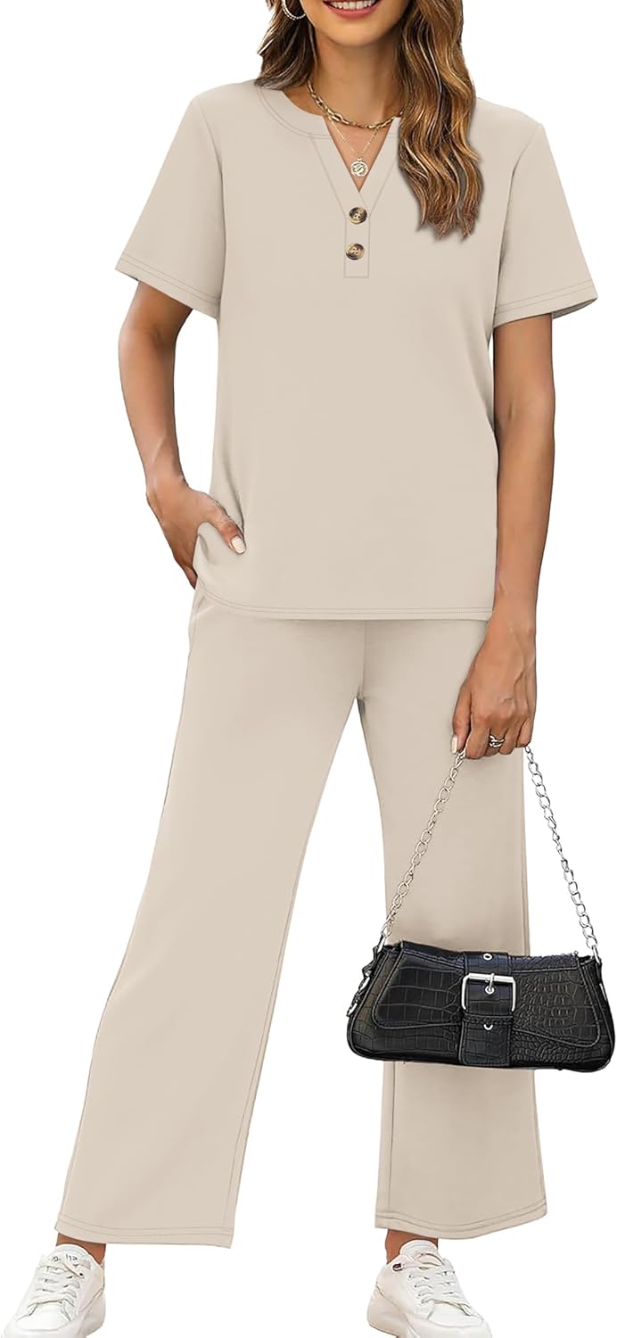 Desol Hausanzug Set für Damen Zweiteiler Freizeit Oberteil mit Knöpfen und Hose mit Taschen Sets Jogginganzug Trainingsanzug Loungewear – Bild 3