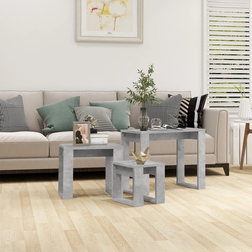vidaXL Satztisch 3-TLG. Couchtisch Beistelltisch Wohnzimmertisch Sofatisch Kaffeetisch Teetisch Tisch Nachttisch Wohnzimmer Betongrau Holzwerkstoff – Bild 2