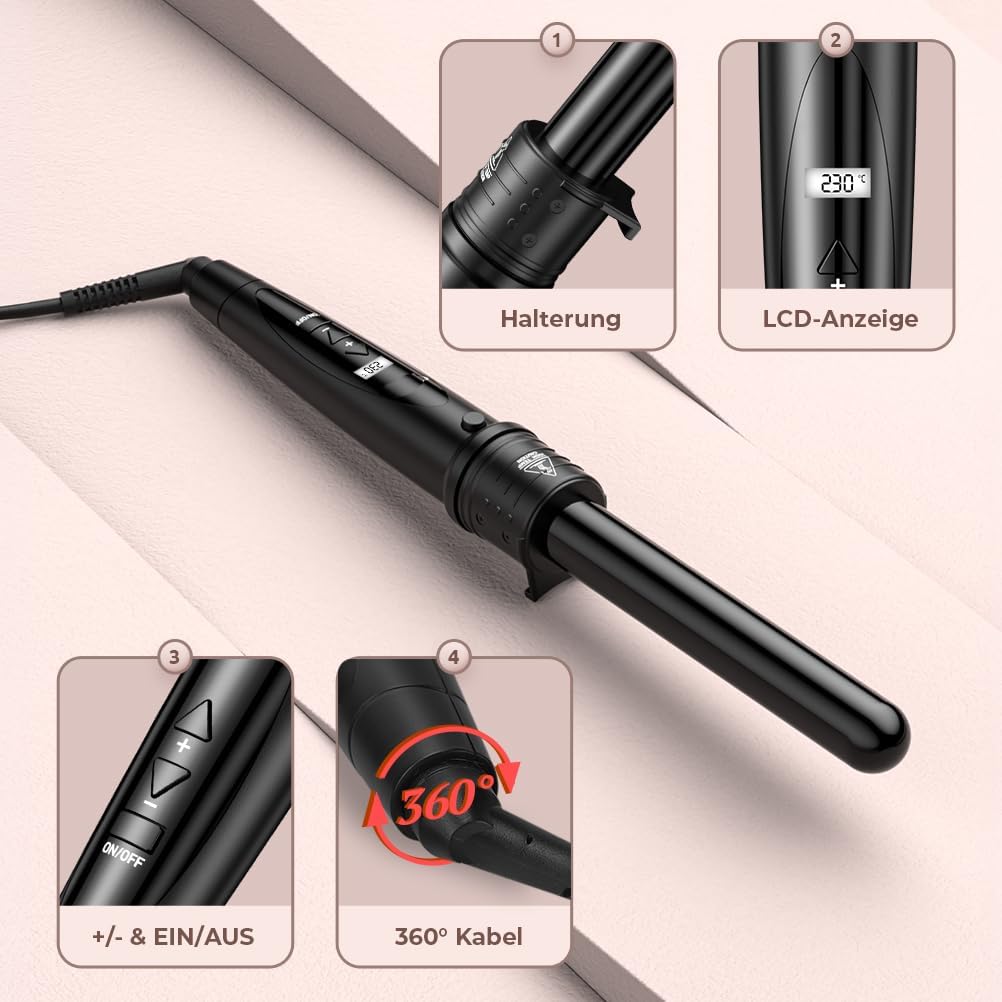 ELEHOT-Store Lockenstab 5 in 1 LCD Keramikbeschichtung Austauschbare Aufsätzen Curling iron mit Handschuhe Einstellbare Temperatur Schnellaufheizung Lockenstäbe ET-W301 – Bild 3