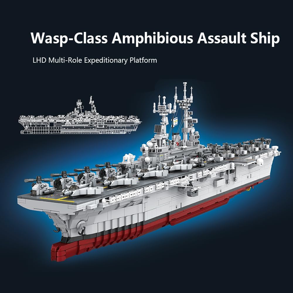 MISINI M7024 Amphibisches Angriffsschiff der Wasp-Klasse Klemmbausteine Technik, Militärserie, 1:300 Groß Kriegsschiff, 5220 Teile, Flugzeugträger-Sammlerspielzeug, MOC-Schlachtschiff für Erwachsene – Bild 7