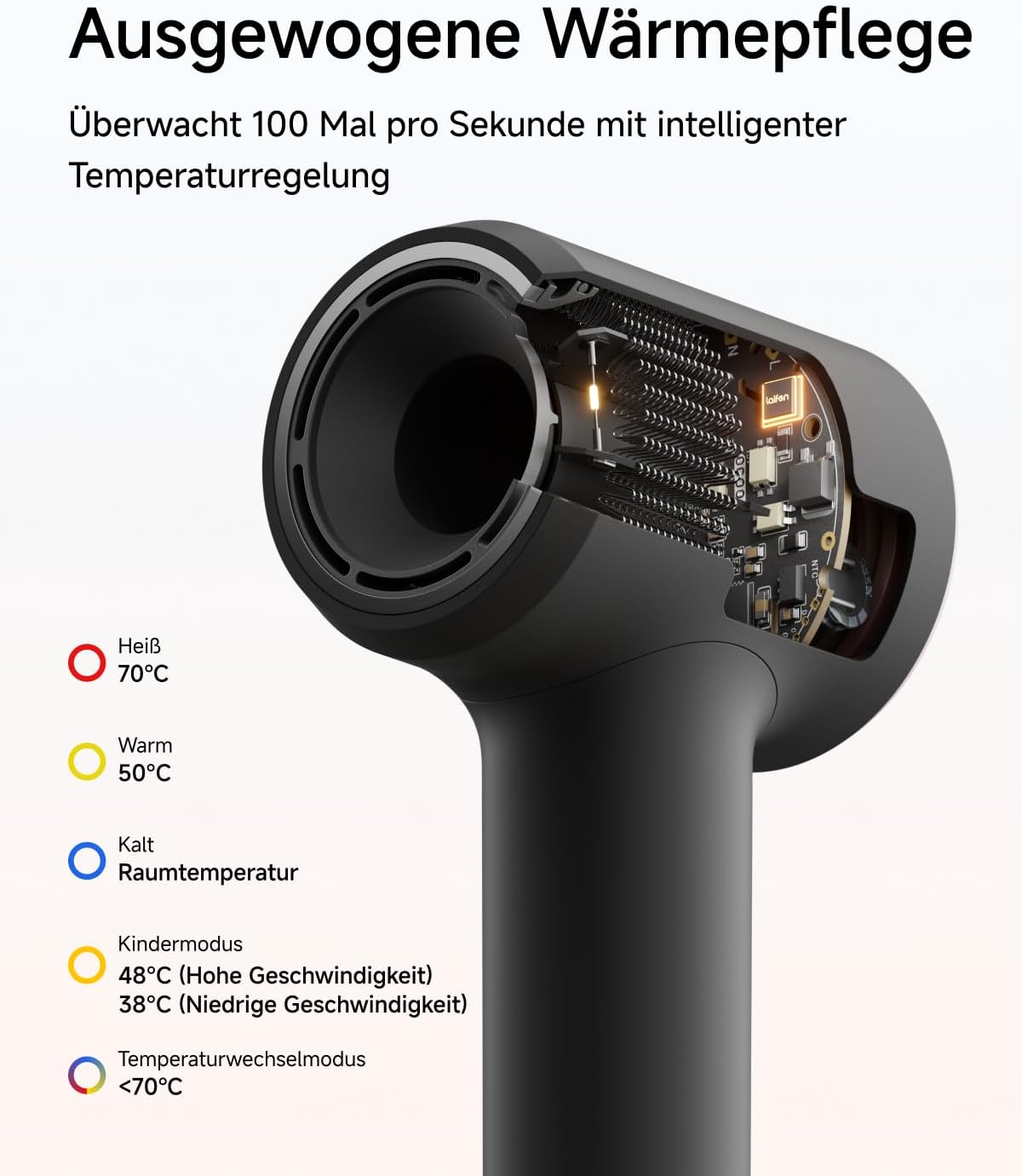 Laifen Air Pro Haartrockner, 299 g leicht, 20 m/s Luftstrom, Nachtschwarz – Bild 6