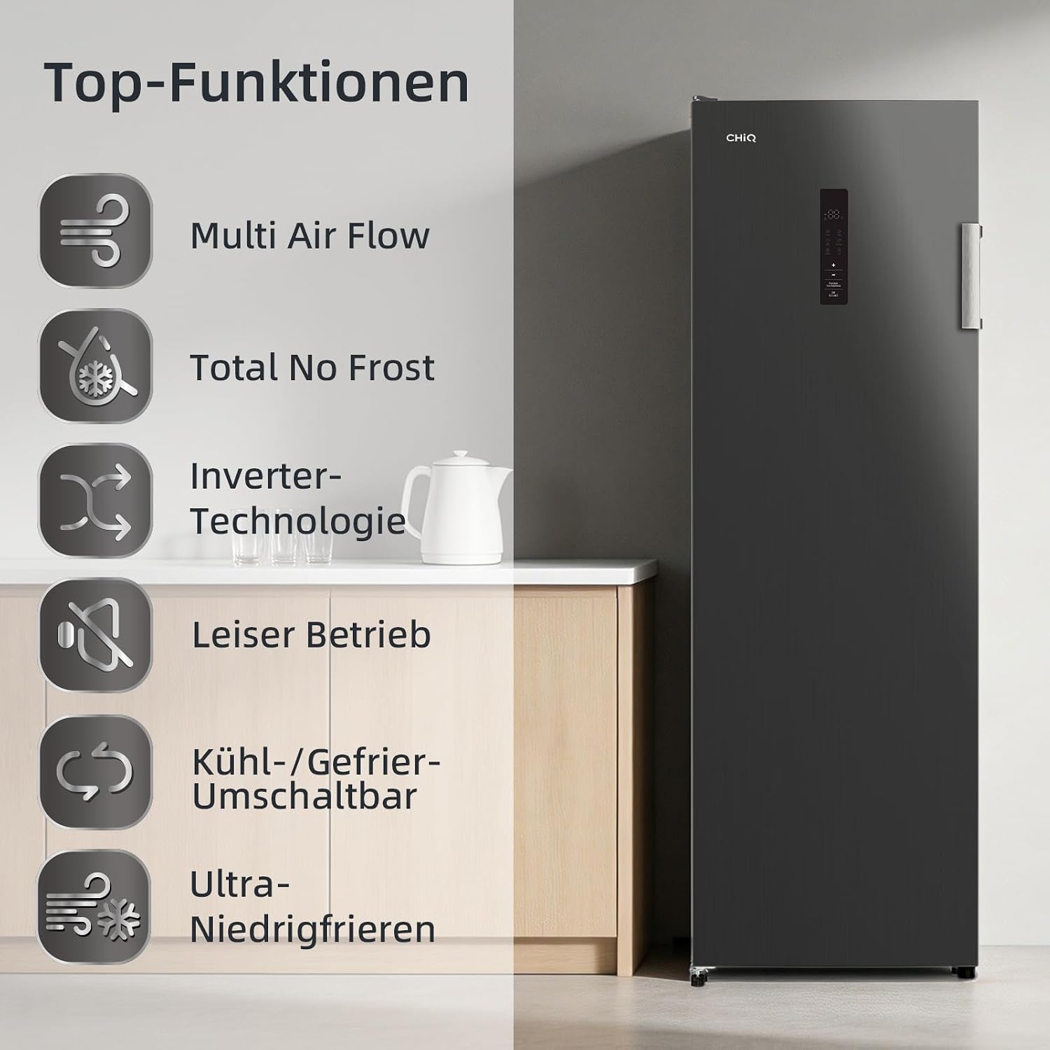 CHiQ Gefrierschrank NoFrost(-24℃), 206L, 170 cm Höhe, LED-Beleuchtung – Bild 3