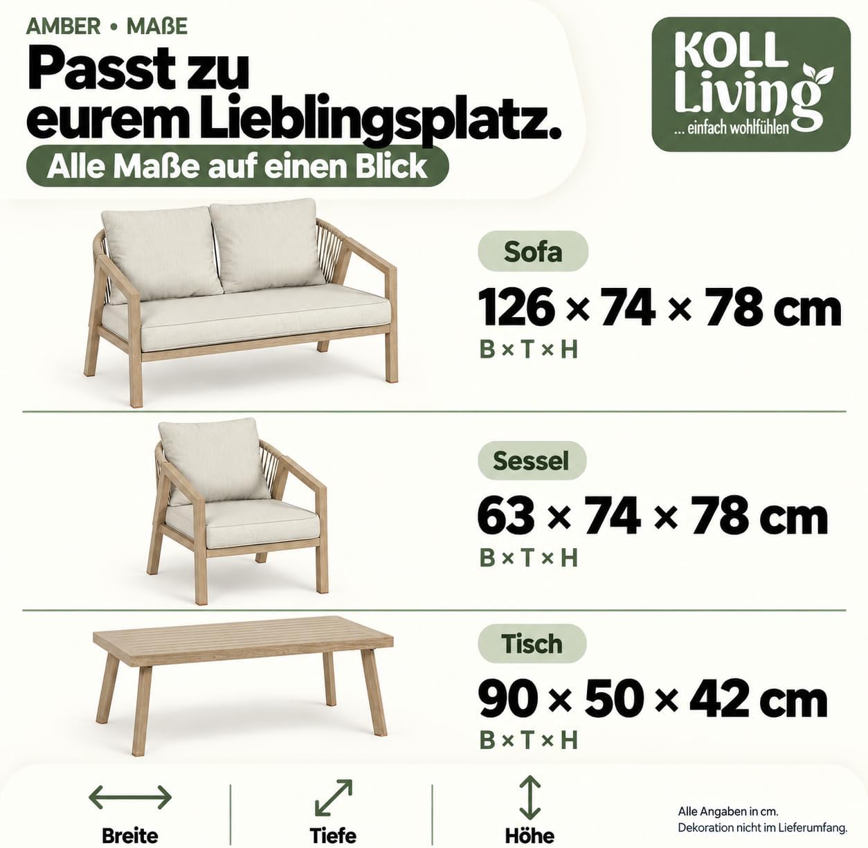 Koll Living Lounge-Set Amber | Outdoor Sitzgruppe mit Gartensofa, Gartensesseln & Tisch | Stahlgestellt in Holzoptik | Wetterfest & UV-beständig | Mix & Match Gartenlounge Beige/Braun – Bild 2