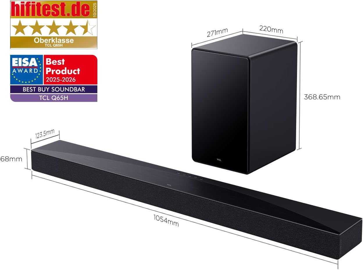 TCL Q65H Soundbar 5.1 Kanal, 580W Heimkino-Lautsprecher mit Cinema Surround, Dolby Atmos, DTS:X, Sound Expansion, Bluetooth 5.3, HDMI eARC, USB, Optisch, Wandmontage möglich, Eine Fernbedienung – Bild 2