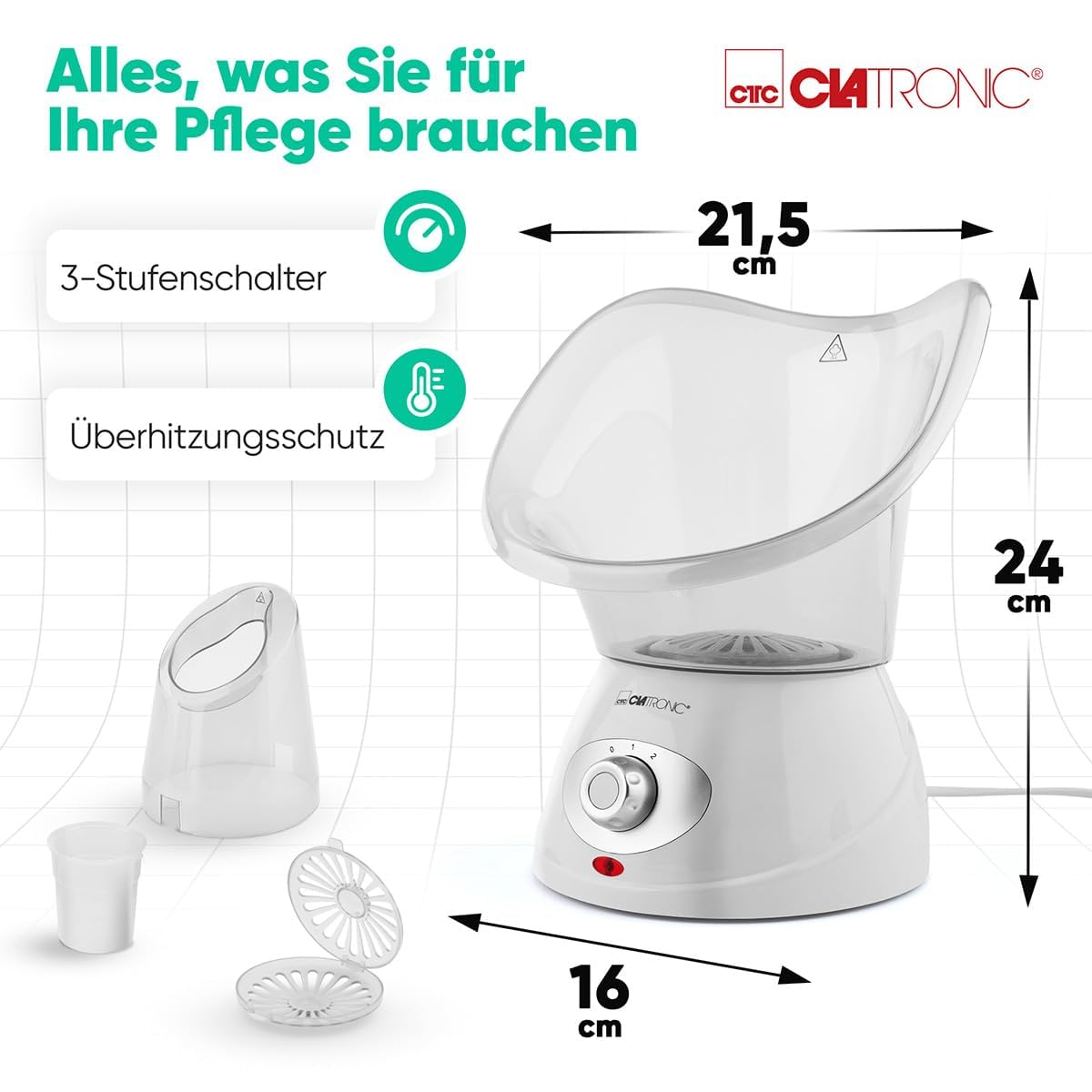 Clatronic® 2in1 Gesichtssauna und Inhalationsgerät | Face Steamer inkl. Aromaaufsatz & Inhalator | zur kosmetischen Gesichtspflege & Inhalation | 3-Stufen für bedarfsgerechte Dampfdosierung | GS 3656 – Bild 7