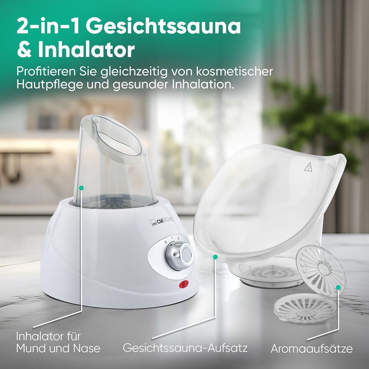 Clatronic® 2in1 Gesichtssauna und Inhalationsgerät | Face Steamer inkl. Aromaaufsatz & Inhalator | zur kosmetischen Gesichtspflege & Inhalation | 3-Stufen für bedarfsgerechte Dampfdosierung | GS 3656 – Bild 2