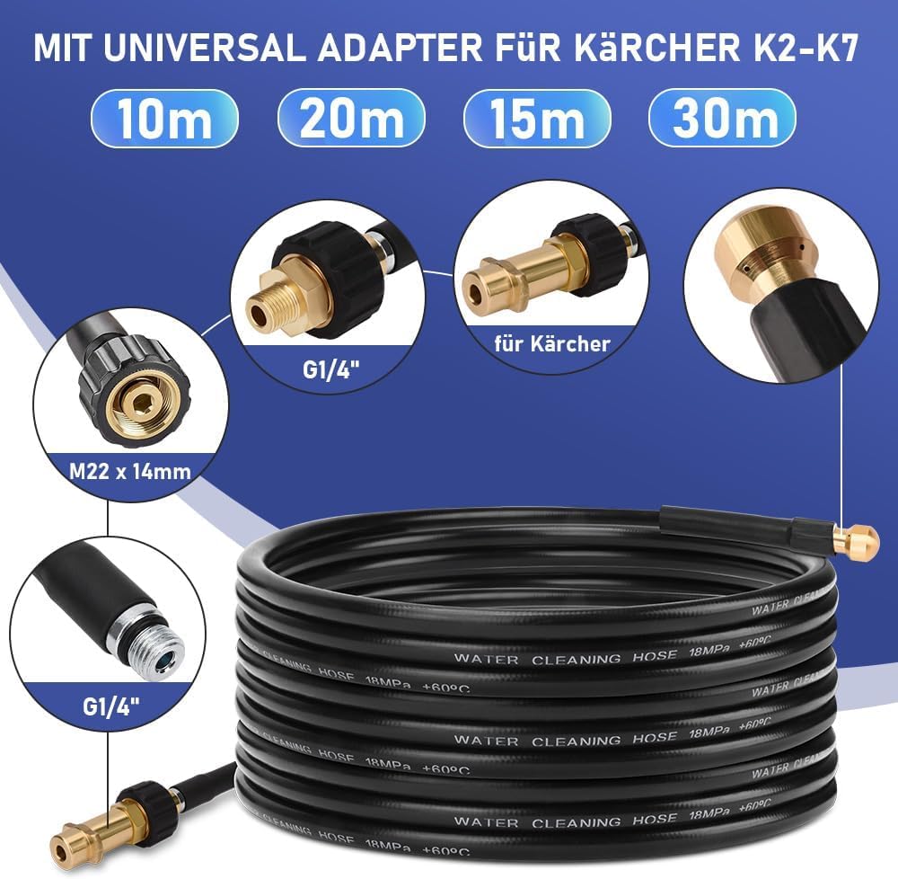 10m Rohrreinigungsschlauch kompatibel mit Kränzle Kärcher K2-K7, 180 bar – Bild 2