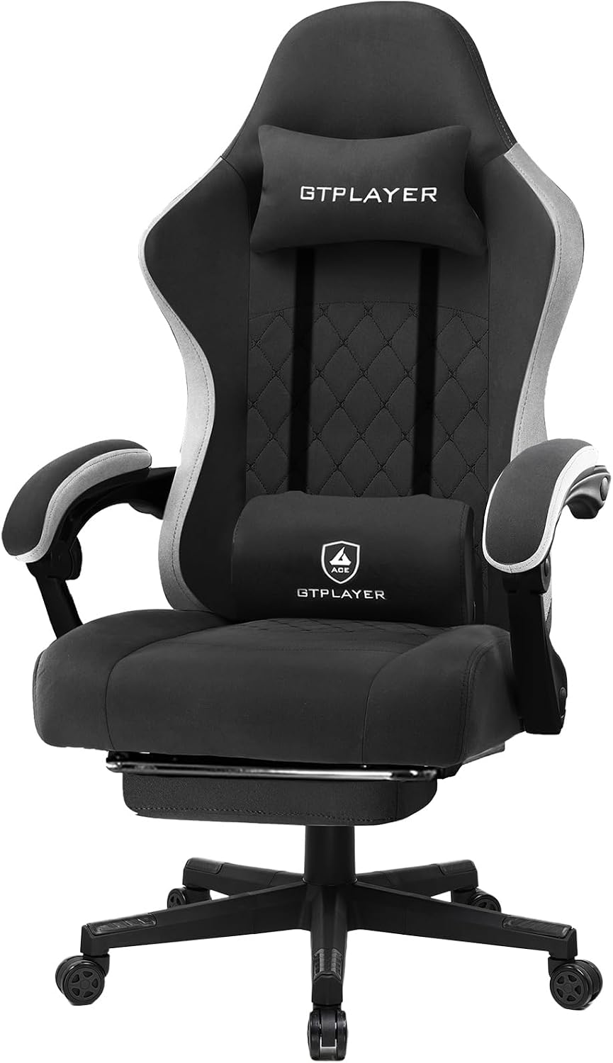 GTPLAYER Gaming Stuhl Ergonomischer Gaming Sessel Schreibtischstuhl mit Stoffoberfläche, Federsitzkissen, Verbindungsarmlehnen und Fußstütze 150KG, hellschwarz – Bild 5