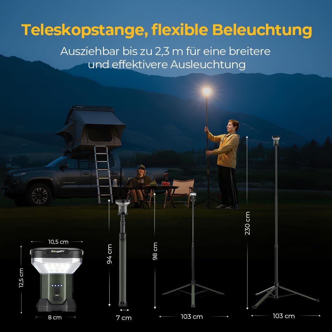 BougeRV Campinglampe CL03, 7-90 Std. Laufzeit, 2,3m Einziehbar, Dunkelgrün – Bild 3