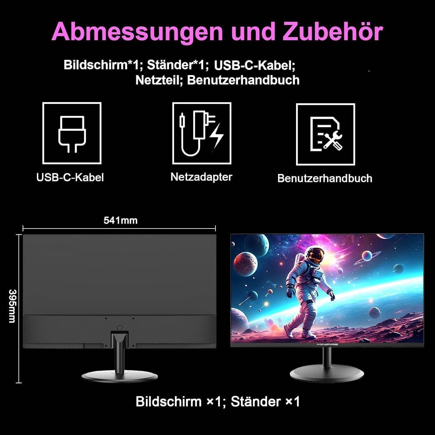 Minifire Monitor 24 Zoll, USB-C PC Monitor, FHD 100Hz, IPS,4000:1 Kontrast – Bild 9