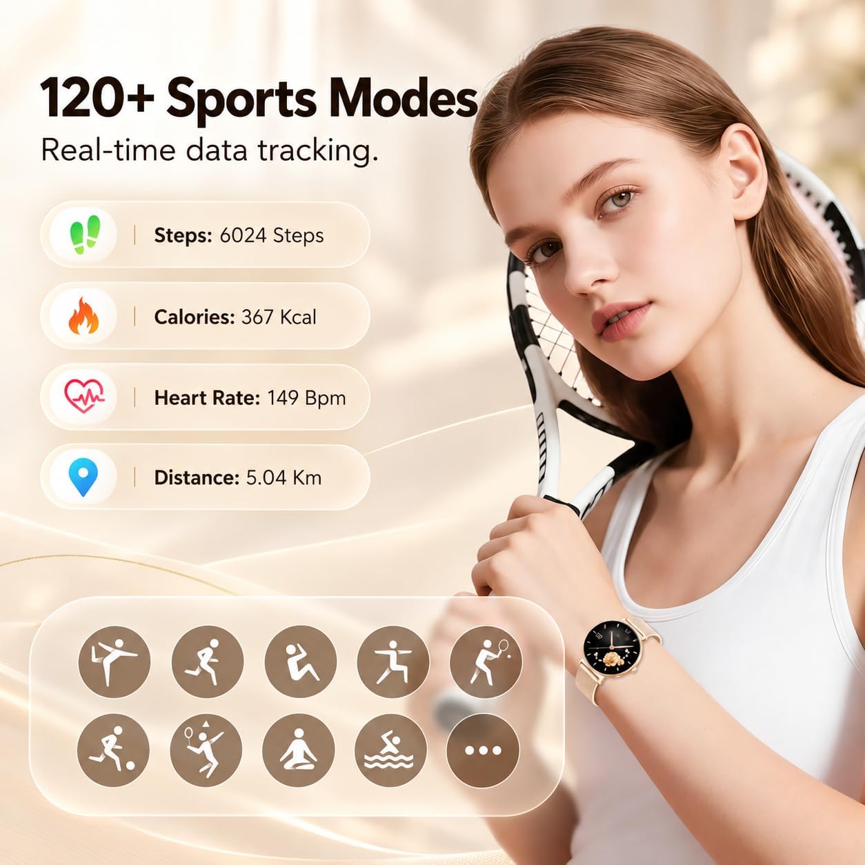 Smartwatch Damen mit Telefonfunktion, 1,27-Zoll AMOLED-HD Voll-Touchscreen Smartwatch, 120+ Sportmodi, IP68 Wasserdicht Fitness Tracker mit Herzfrequenz, Schlafmonitor für iOS Android, Rotgold – Bild 5