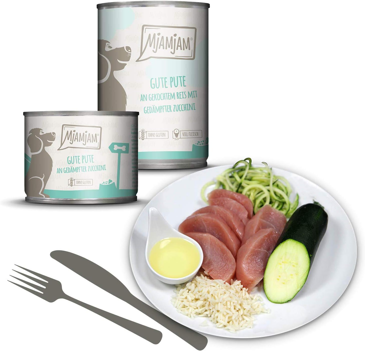MjAMjAM - Premium Nassfutter für Hunde - Mixpaket II - mit Huhn & Ente, Rind, Pute, Kalb, Truthahn, Lamm, 6er Pack (6 x 400 g), naturbelassen mit extra viel Fleisch – Bild 6