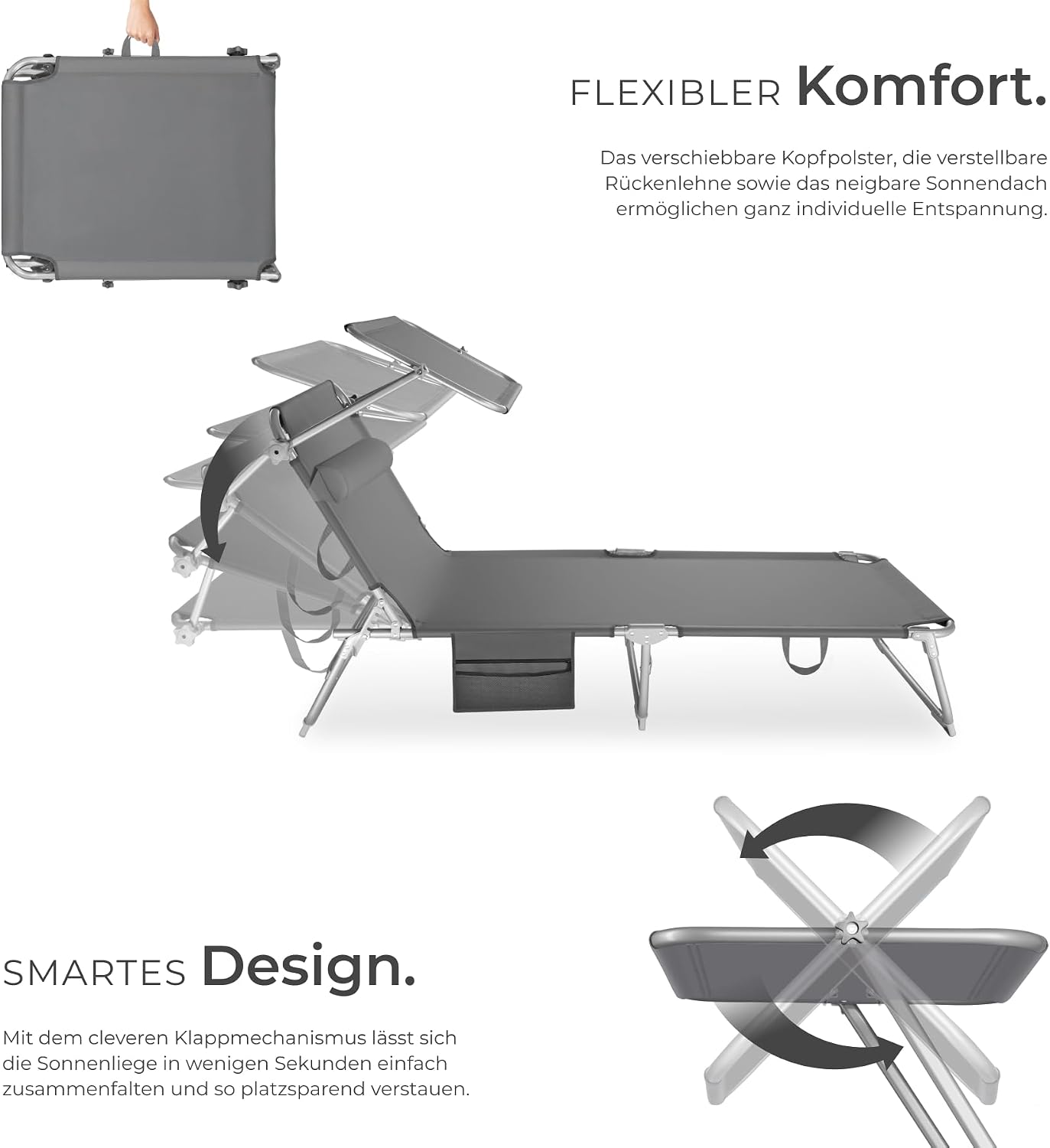 tectake® Sonnenliege klappbar, tragbar, Liege mit Seitentasche, Strandliege, Gartenliege mit Dach, Liegestuhl mit Verstellbarer Rückenlehne, inkl. Kopfkissen - für Balkon, Terrasse, Camping - grau – Bild 5