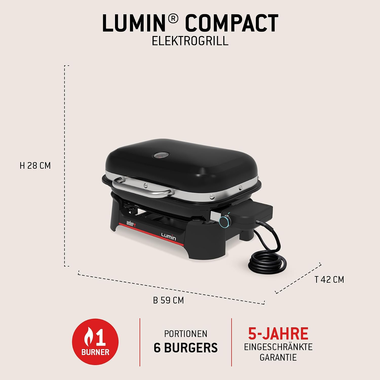 Weber Lumin Compact Tragbarer Kompakter Elektrogrill, Bis zu 315 °C, mit Deckelthermometer, Porzellanemaillierte Gusseisenroste, 43 x 32 cm Grillfläche, Schwarz (1502044) – Bild 6