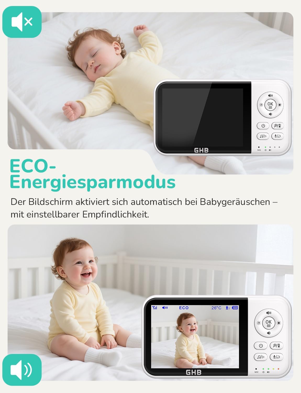 GHB Babyphone mit Kamera Baby Monitor 3,2 Zoll Weiß – Bild 3