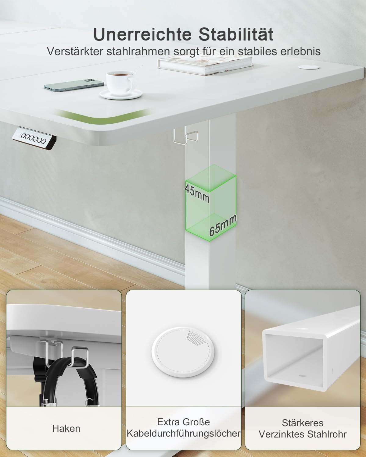 JUMMICO Höhenverstellbarer Schreibtisch 120 x 60 cm, USB-A-Anschluss – Bild 5
