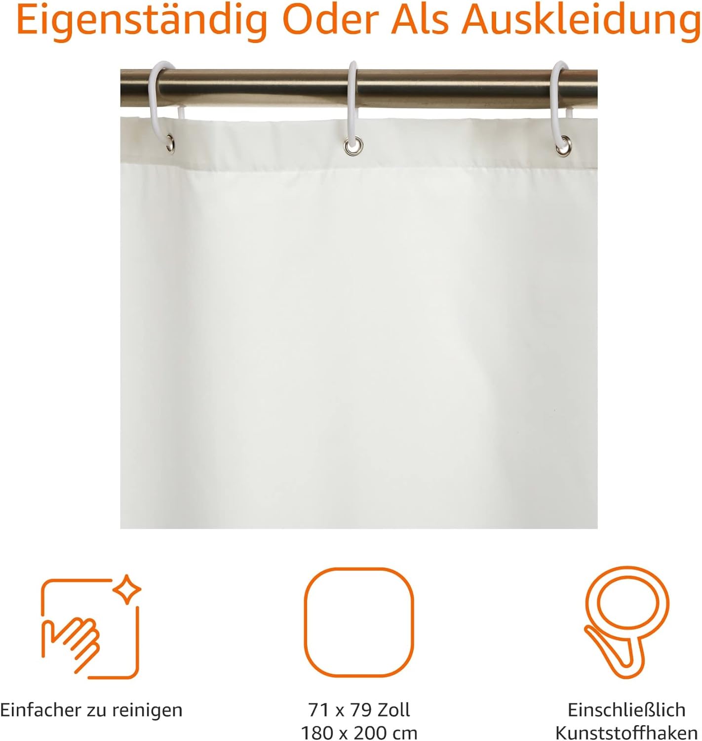 Amazon Basics Duschvorhang 180cm x 200cm, Weiß, Maschinenwaschbar – Bild 2