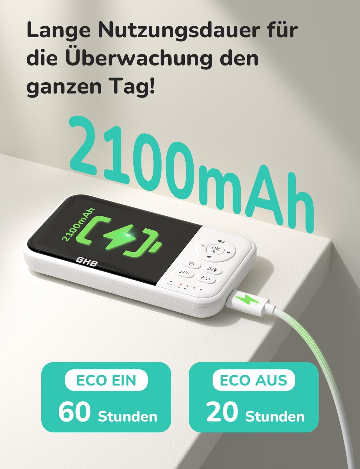 GHB Babyphone mit Kamera Baby Monitor 3,2 Zoll Weiß – Bild 2