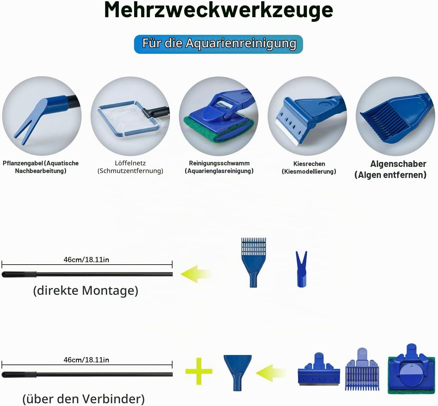 Hohe Qualität 5 in 1 Aquarium Reinigung Werkzeug Set Fischnetz + Kiesrechen + Algen Schaber + Float Gabel + Schwamm zur Reinigung Aquarium Bettgestell Gabel Kies – Bild 2