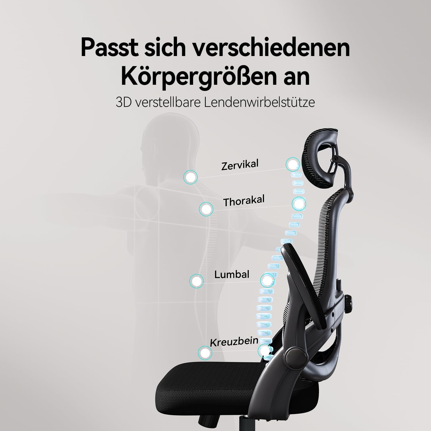SIHOO M102C Bürostuhl Ergonomisch Schreibtischstuhl, Drehstuhl mit 3D-Armlehnen, Hohe Rückenlehne Lendenwirbelstütze Nach Oben und Unten, Höhenverstellung und Wippfunktion Schwarz – Bild 10