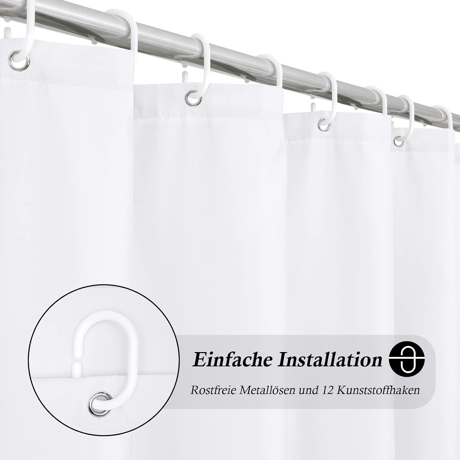 EurCross Duschvorhang 180x200 cm Weiß Textil, Anti-schimmel und Wasserdicht – Bild 2