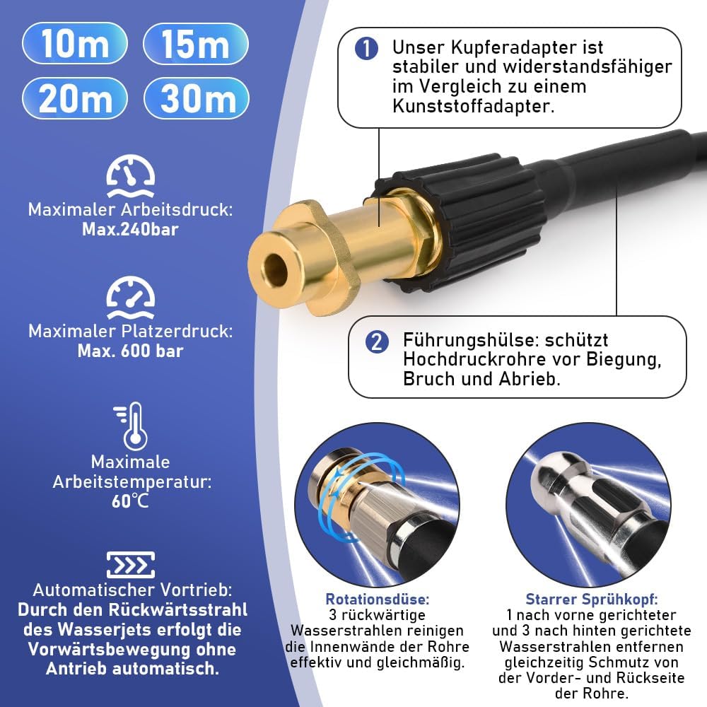 15m Rohrreinigungsschlauch Kompatibel mit K2 K3 K4 K5 K6 K7, 240 bar – Bild 3