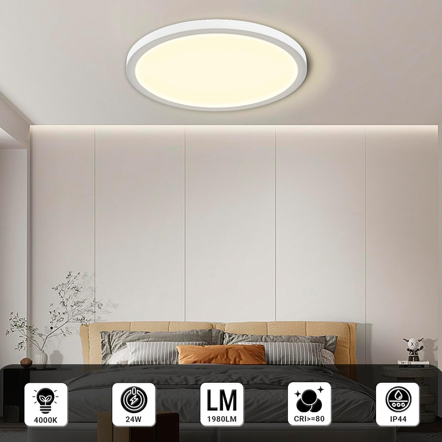 LQWELL LED Deckenleuchte IP44 Badlampe Rund Flach 18W 4000K 1980lm 22cm – Bild 3