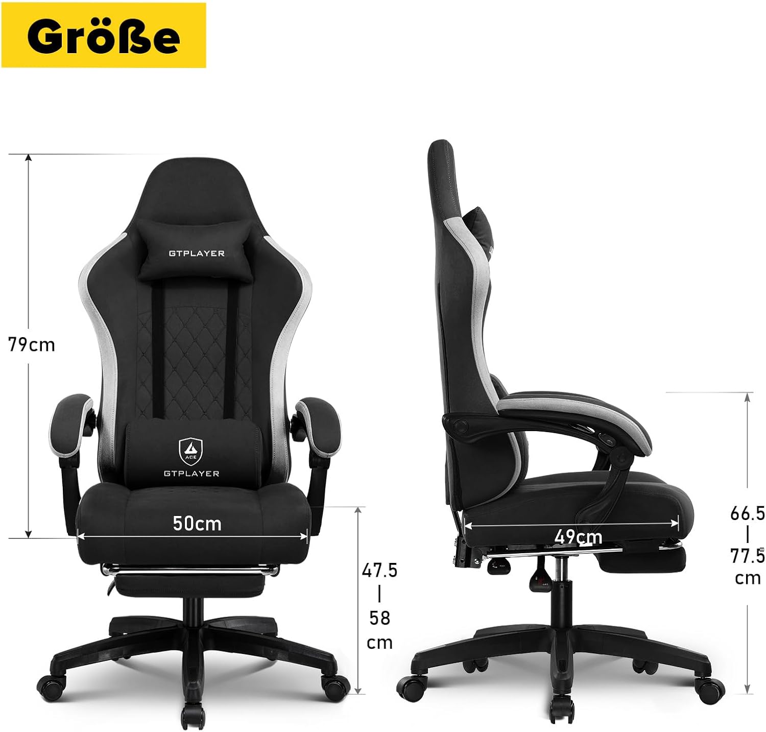 GTPLAYER Gaming Stuhl Ergonomischer Gaming Sessel Schreibtischstuhl mit Stoffoberfläche, Federsitzkissen, Verbindungsarmlehnen und Fußstütze 150KG, hellschwarz – Bild 3