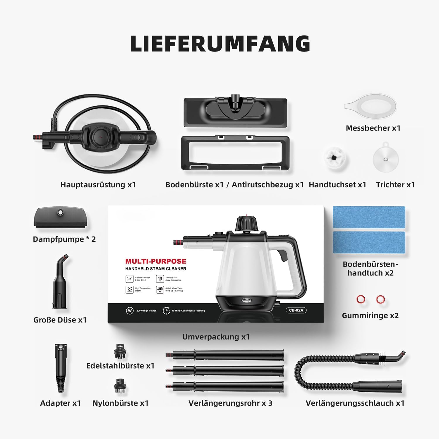 Dampfreiniger, 1200 W, 400 ml Wassertank, 13 Zubehörteile, Handgerät – Bild 8
