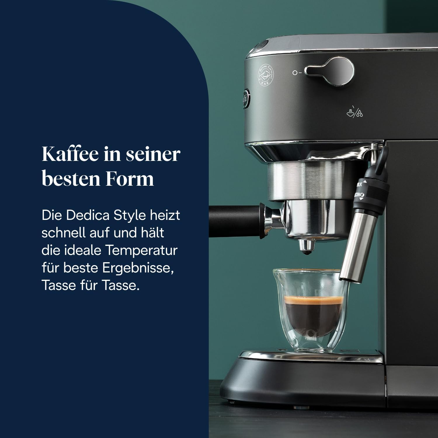 De'Longhi Dedica Style - Perfetto Kompakte Siebträgermaschine Espressomaschine mit Tasten, manuellem Milchaufschäumer für Espresso und Cappuccino, ESE Pad geeignet, 15cm breit, Schwarz (EC685.BK) – Bild 3
