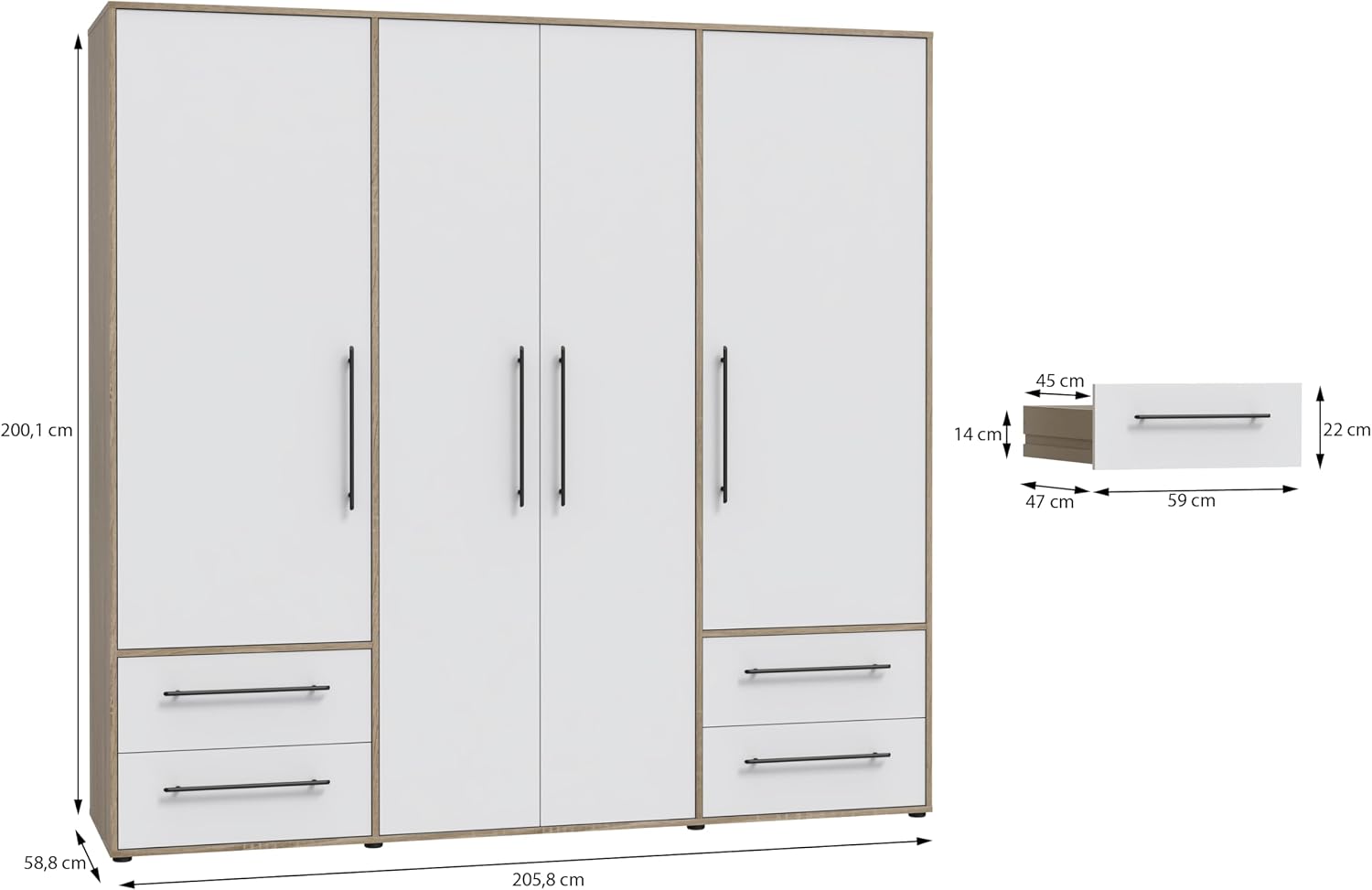FORTE Jupiter Schrank 200 210, Kleiderschrank, Drehtürenschrank, 4-türig, mit 4 Schubladen und Einlegeböden, Weiß mit Holz Dekor: Sonoma Eiche, 206 cm breit x 59 cm tief x 200 cm hoch – Bild 8