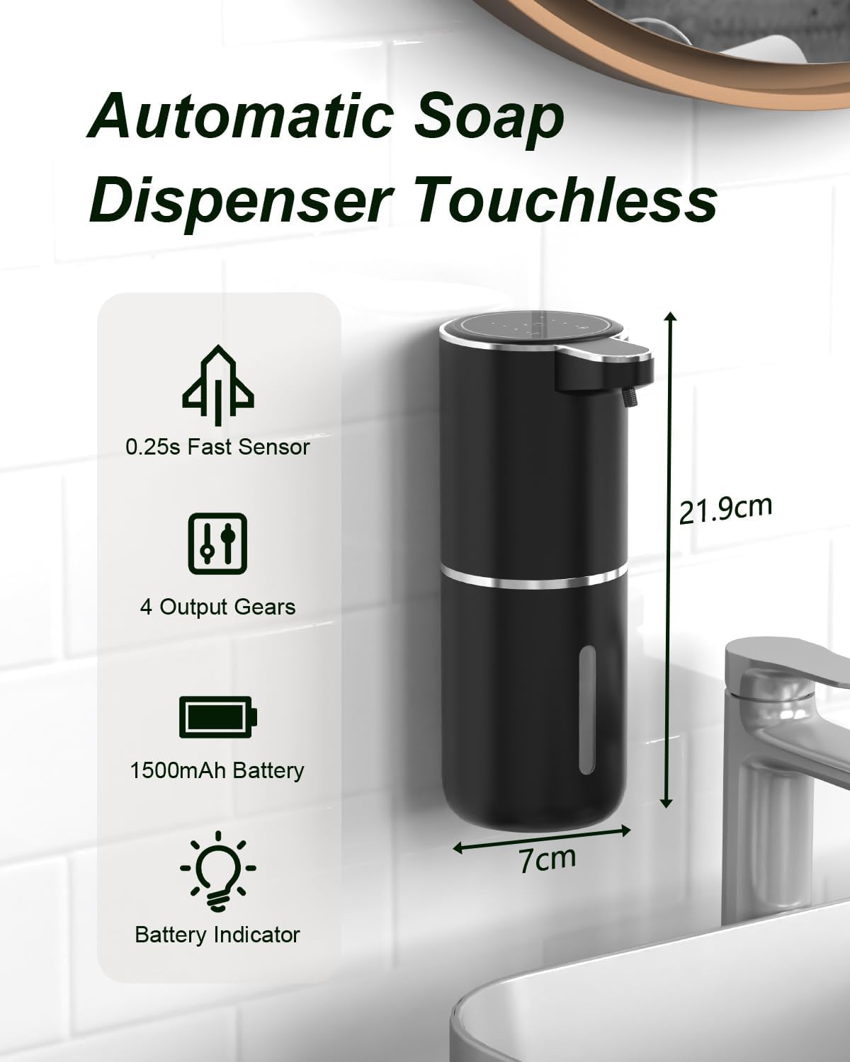 Dalugo Automatischer Seifenspender, USB C Wiederaufladbar Mit Wandbefestigung 380ml, Elektrisch Mit Sensor, 4 Stufen Verstellbar, Schwarz für Küche Badezimmer – Bild 2