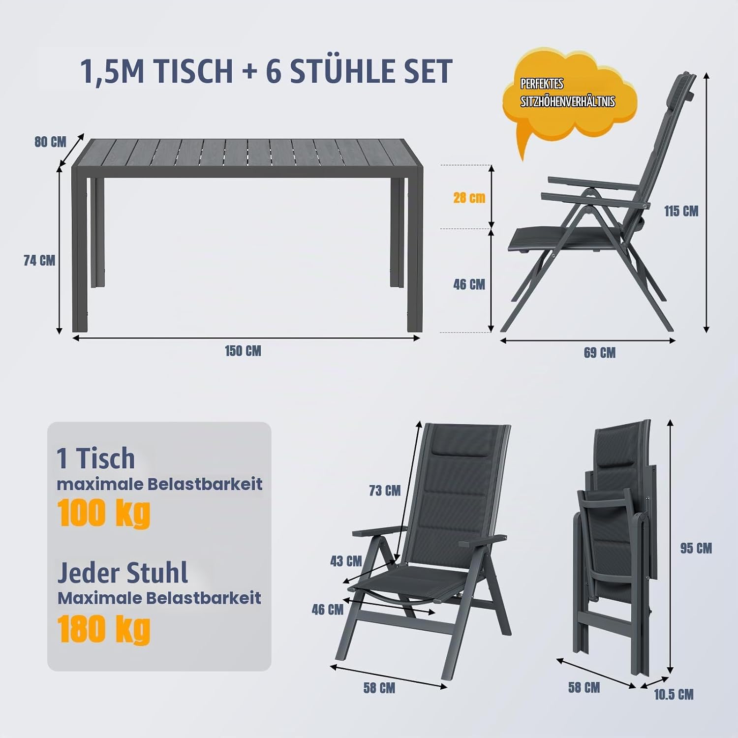 Devoko Gartenmöbel Set 6 stühle mit Tisch, Bestehend aus 1 Aluminiumtisch und 6 Klappstühlen für balkonmöbel. 1 x 150 cm Gartentisch mit Holzmaserung, Terrassenmöbel-Set, Dunkelgrau. – Bild 3