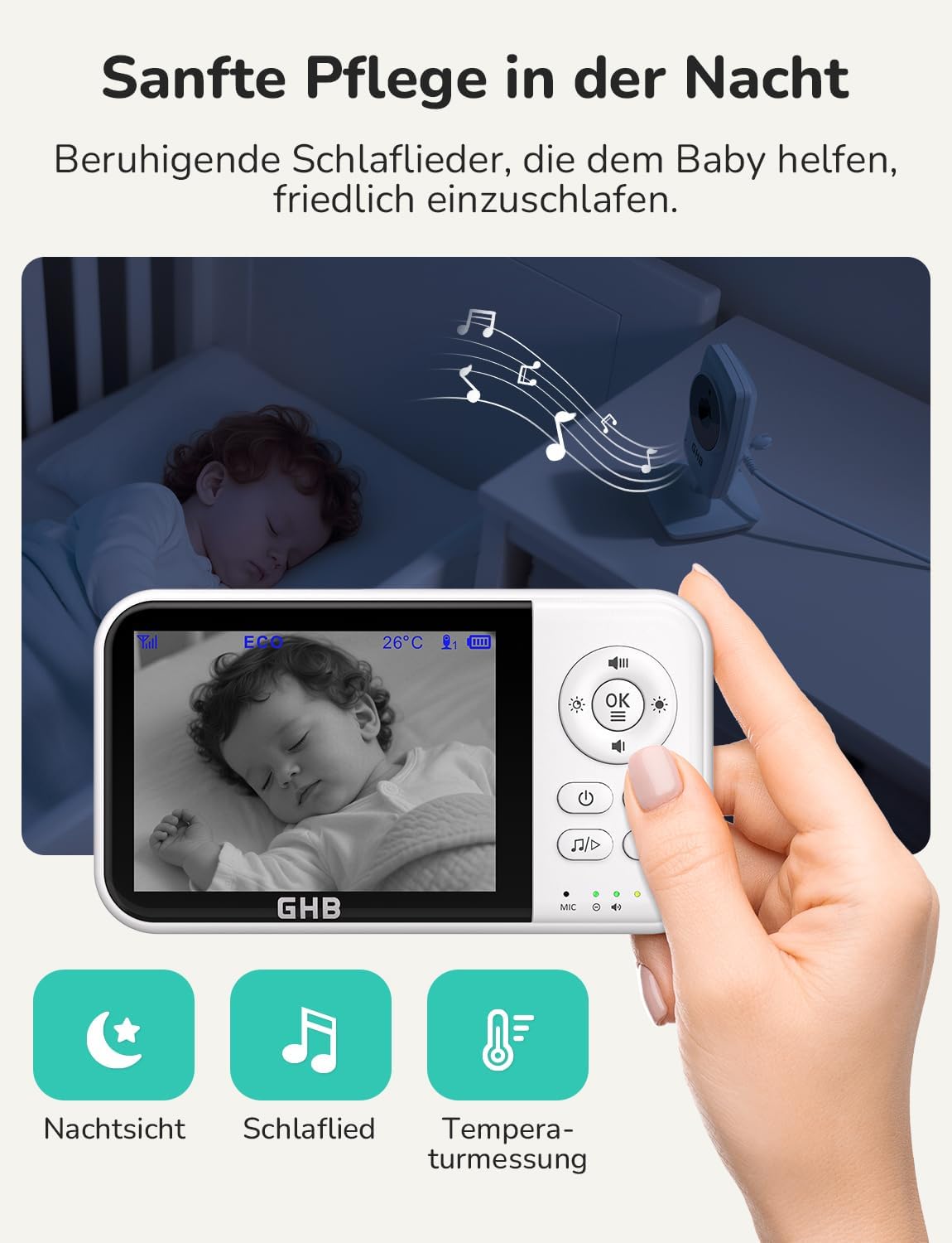 GHB Babyphone mit Kamera Baby Monitor 3,2 Zoll Weiß – Bild 7