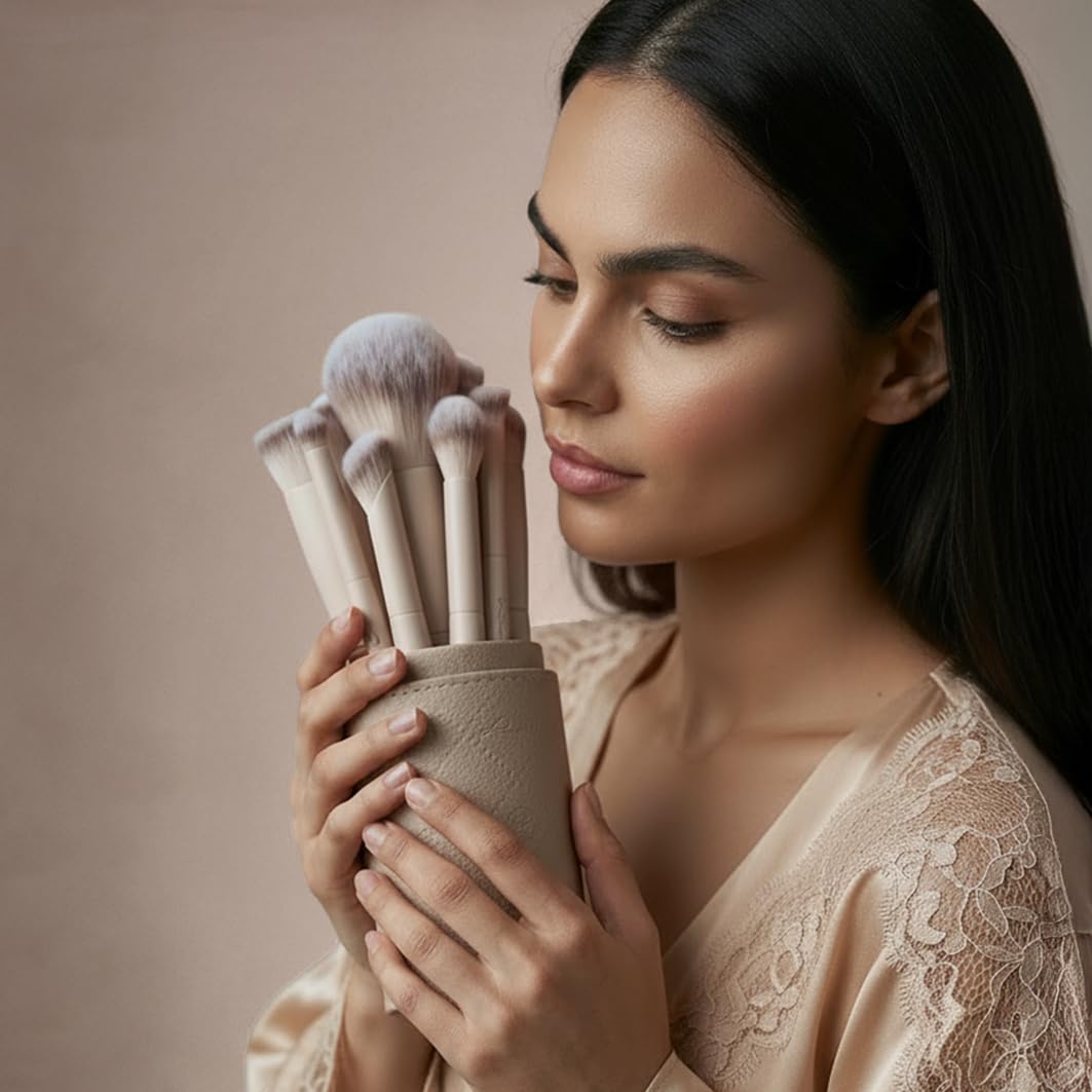 Make-up Pinselset Aura | 10-teiliges Pinselset mit 8 Schminkpinseln für Gesicht & Augen inkl. veganem Lederetui & Powder Puff Sponge | Professionelle vegane Kosmetikpinsel | Nude 2-farbig | Luvia – Bild 7