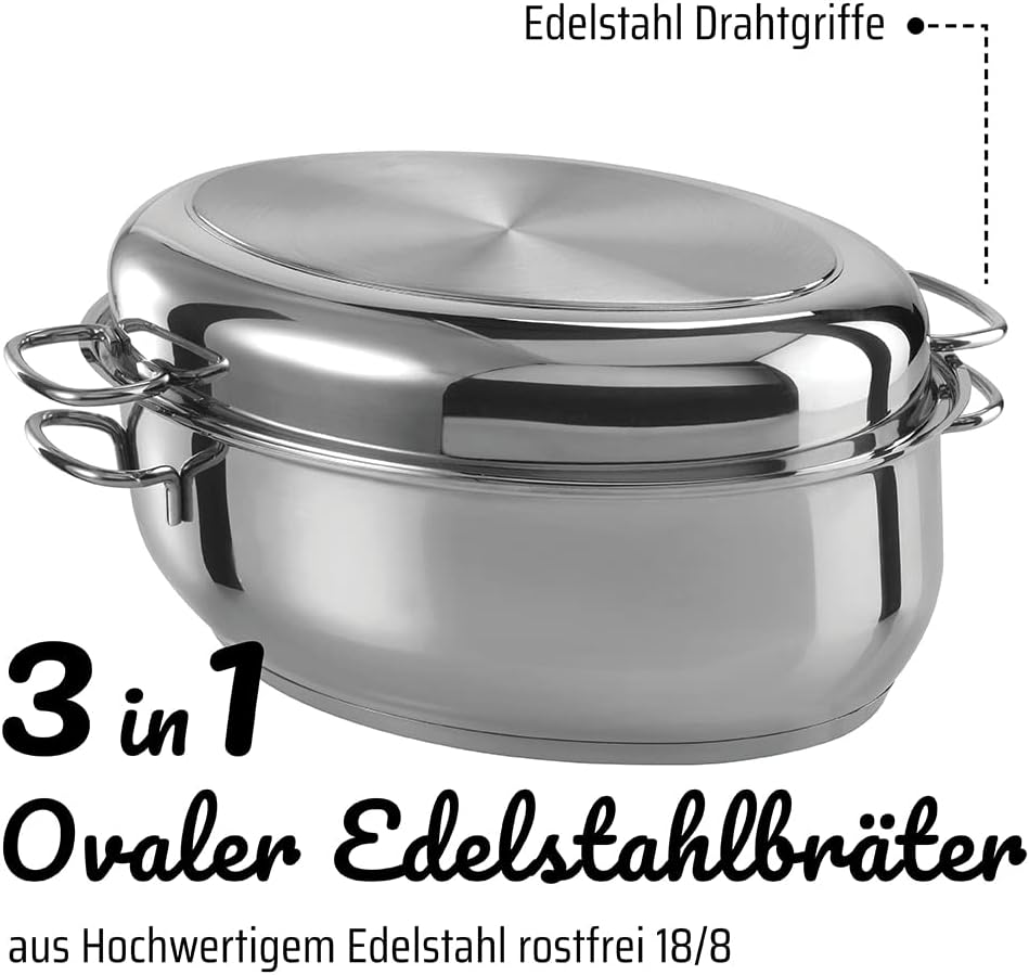 GSW Multibräter 3-in-1 – hochwertiger Bräter mit 2 Deckeln, ideal zum Schmoren, Dünsten und Braten, auch für Induktion und Backofen – Edelstahl, rostfrei, 8,5 Liter, Silber – Bild 3