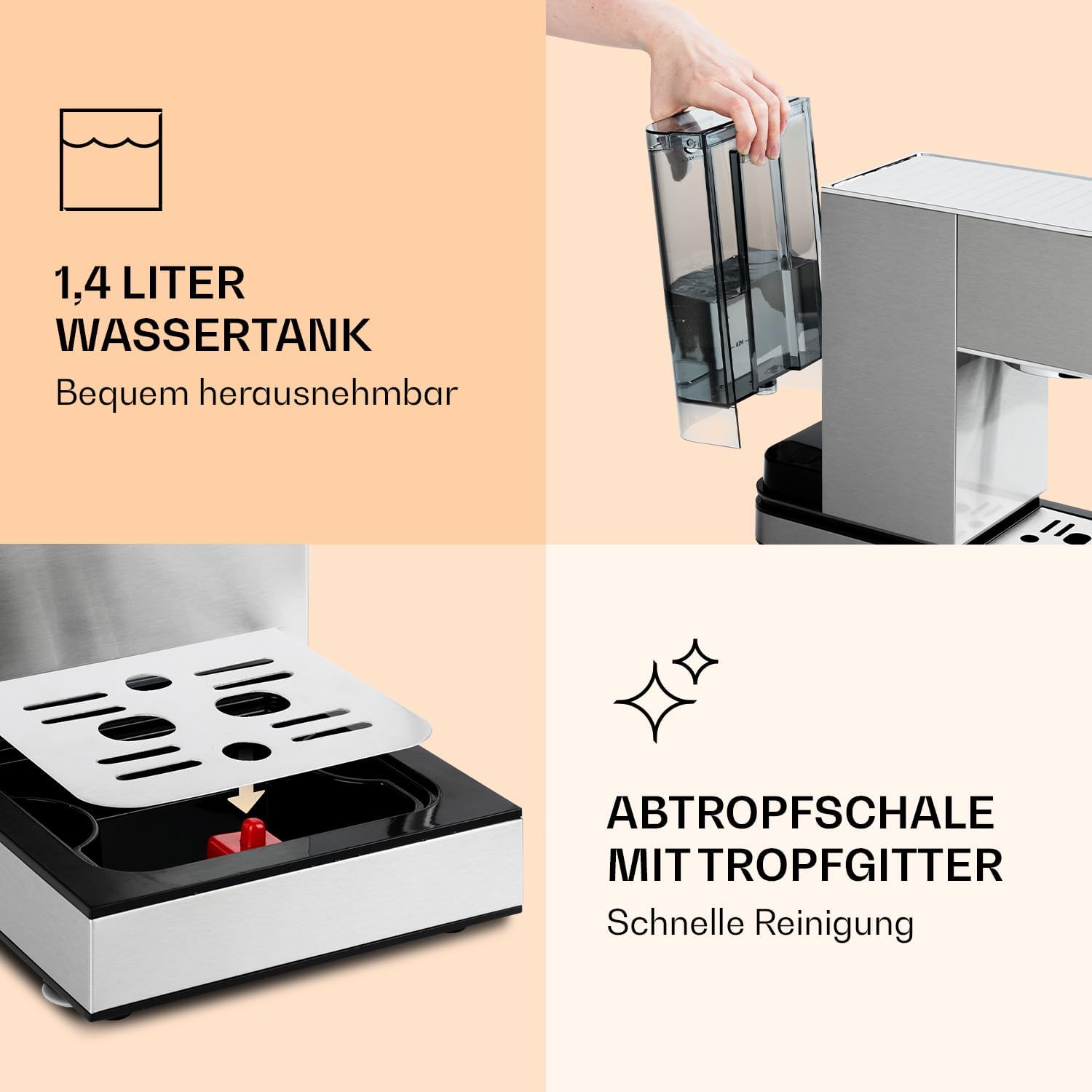 Klarstein Pausa Espressomaschine, Siebträgermaschine 1350 Watt, 20 Bar Druck, Wassertank 1,4 Liter Edelstahl, silber – Bild 7