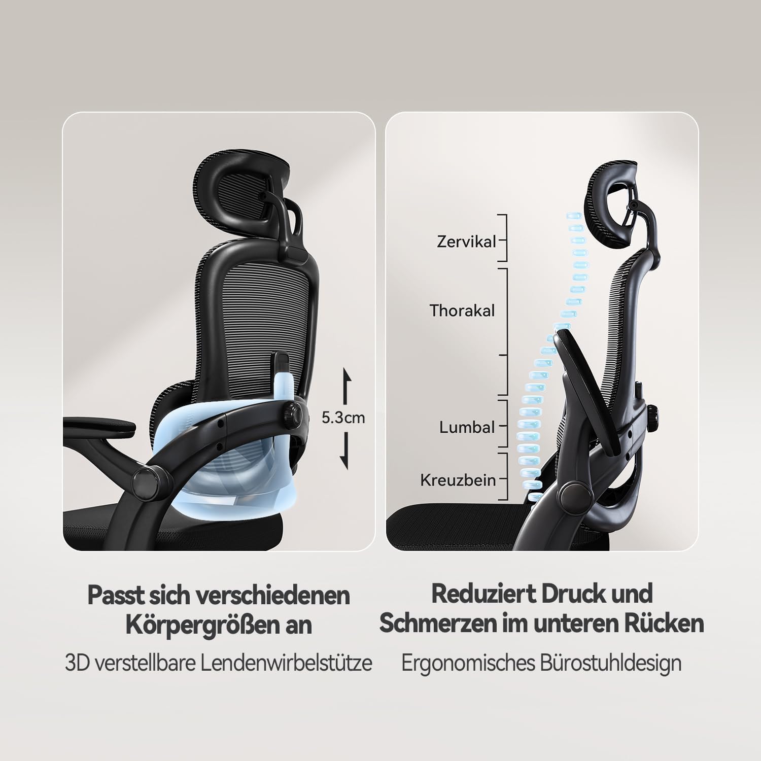 SIHOO M102C Bürostuhl Ergonomisch Schreibtischstuhl, Drehstuhl mit 3D-Armlehnen, Hohe Rückenlehne Lendenwirbelstütze Nach Oben und Unten, Höhenverstellung und Wippfunktion Schwarz – Bild 9