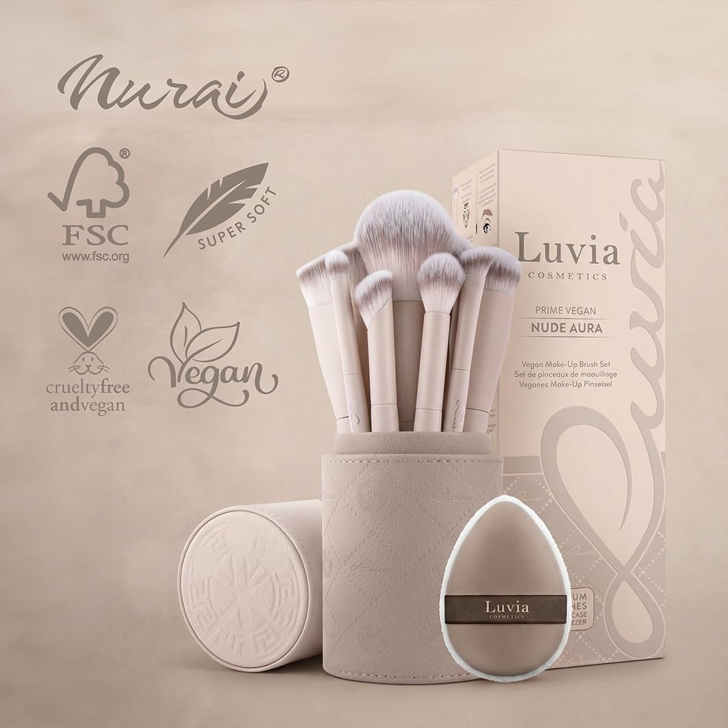 Make-up Pinselset Aura | 10-teiliges Pinselset mit 8 Schminkpinseln für Gesicht & Augen inkl. veganem Lederetui & Powder Puff Sponge | Professionelle vegane Kosmetikpinsel | Nude 2-farbig | Luvia – Bild 9