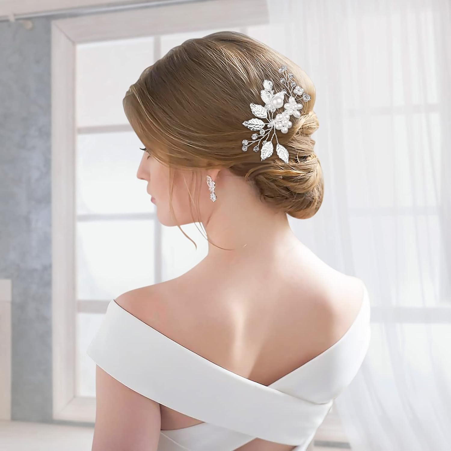 Kiiwah 4 Stück Haarschmuck Hochzeit Perle Blume Braut Haarkamm Strass Brautschmuck Braut Haarnadeln für Kommunion MäDchen Braut Brautjungfer(Silber) – Bild 3