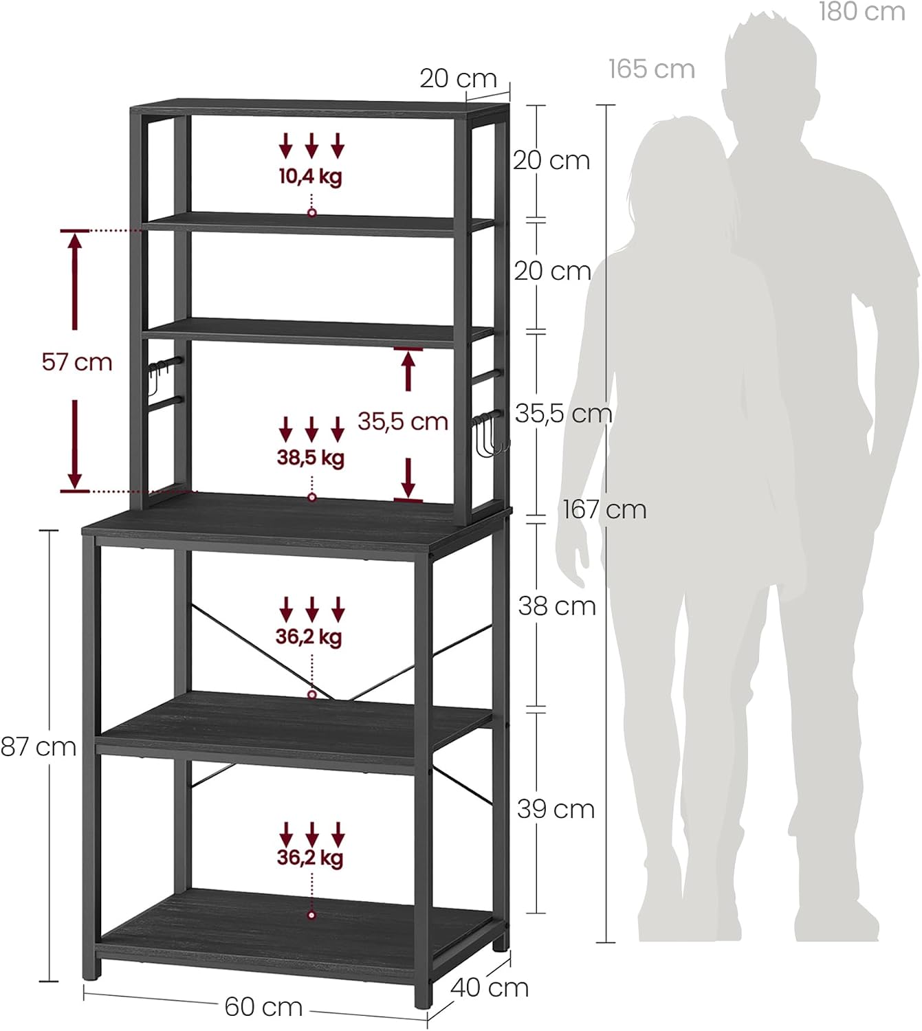 VASAGLE Küchenregal, 6 Regalebenen und 6 Haken, 40 x 60 x 167 cm – Bild 3