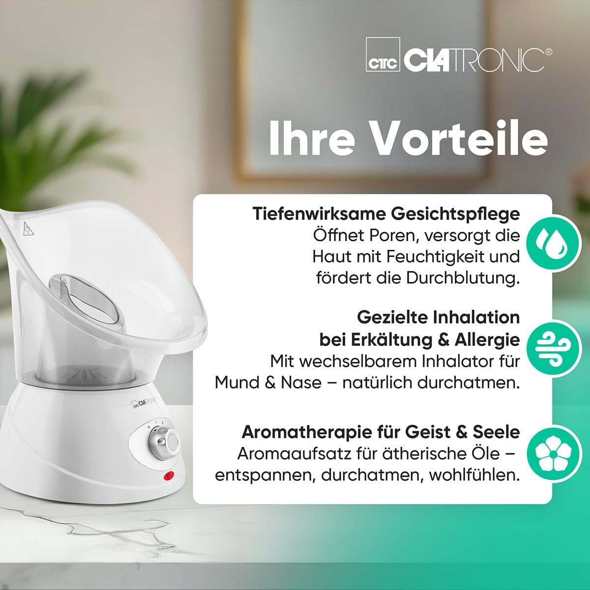 Clatronic® 2in1 Gesichtssauna und Inhalationsgerät | Face Steamer inkl. Aromaaufsatz & Inhalator | zur kosmetischen Gesichtspflege & Inhalation | 3-Stufen für bedarfsgerechte Dampfdosierung | GS 3656 – Bild 3