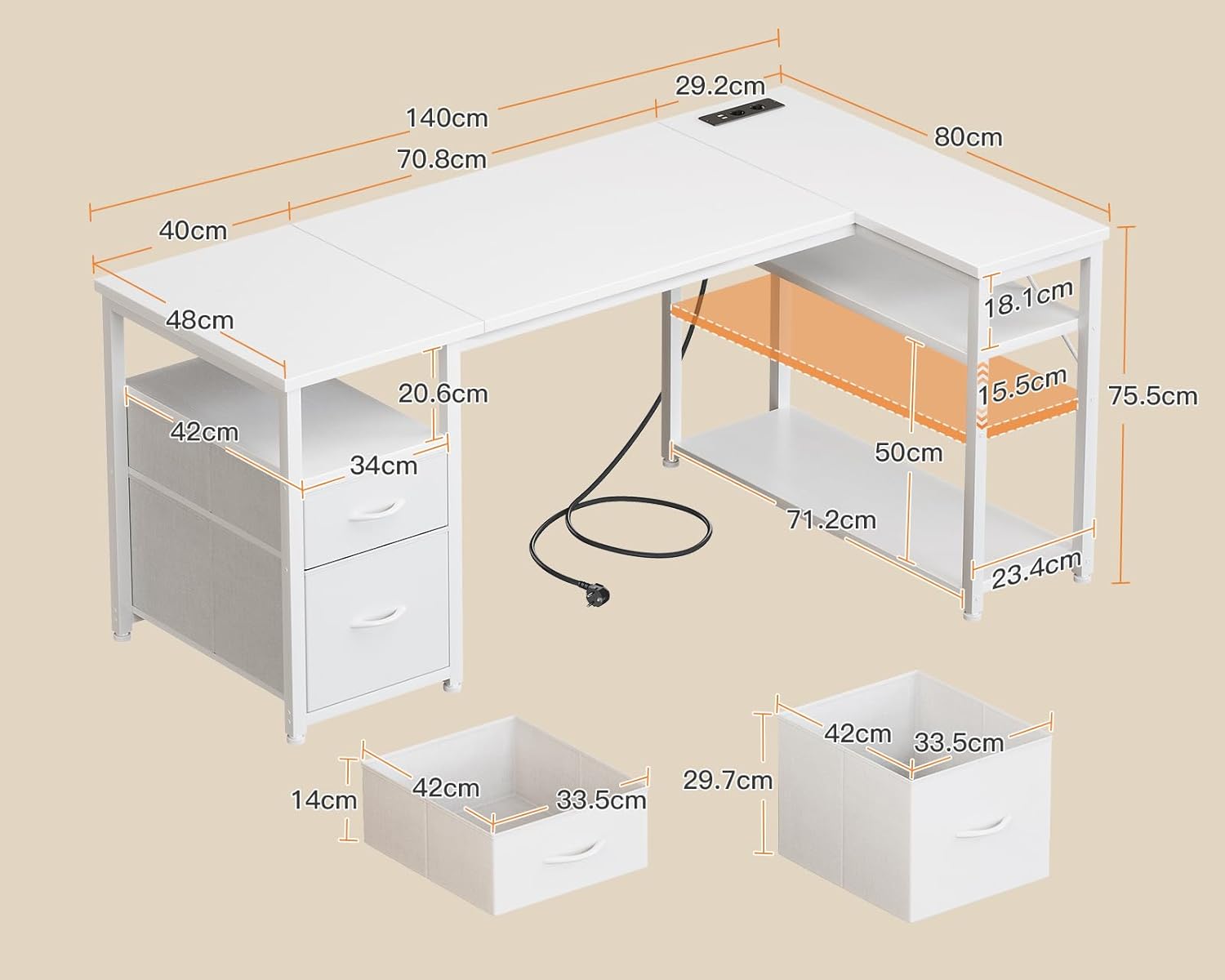 Coleshome Gaming Eckschreibtisch mit 2 Schubladen, 140×80 cm, Weiß – Bild 3