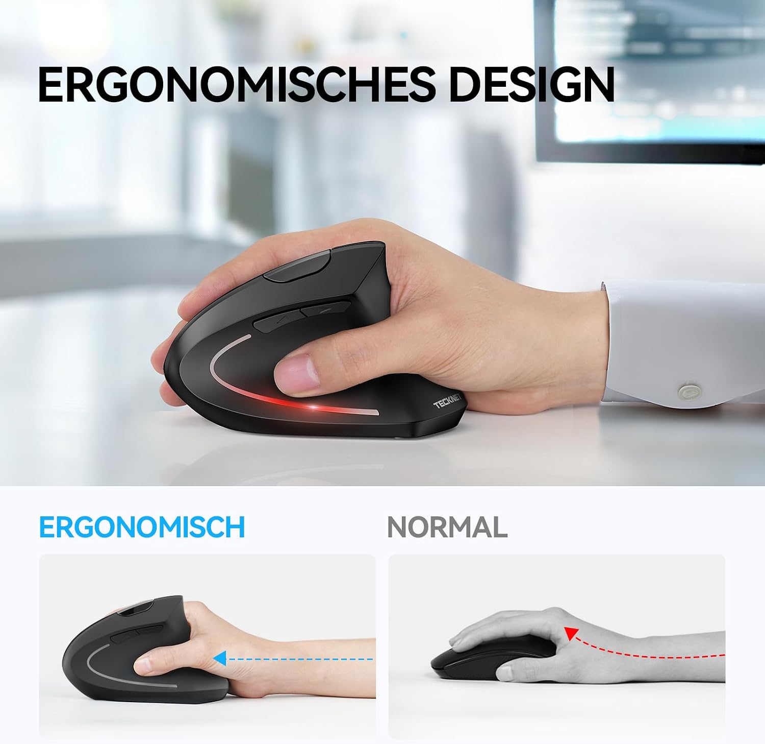 TECKNET Ergonomische Maus, Kabellose Bluetooth Vertikale Maus(BT 5.0+BT 3.0+2.4G), 6 Einstellstufen bis 4800 DPI, Optisch Leise Wireless Mouse für Laptop/PC/Mac/Tablet/iPad(Win/Android/iOS), 6 Tasten – Bild 2